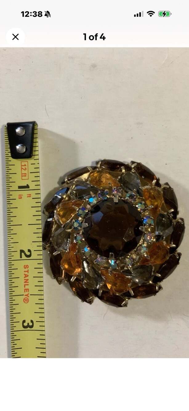 Vintage Mid-Century Brown & Amber Rhinestone Wreath Brooch, 2.25"